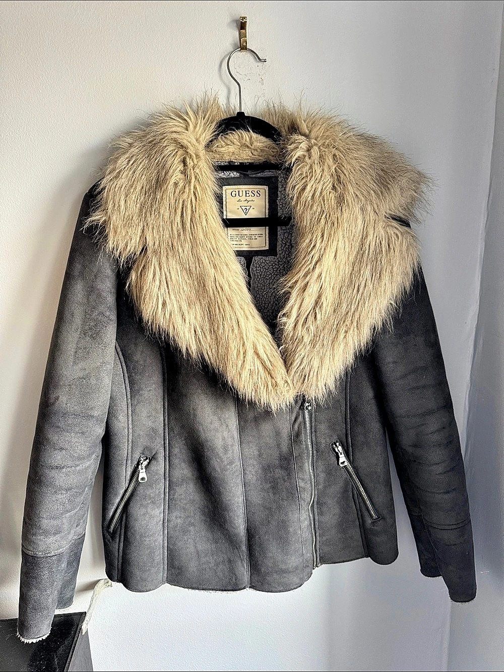 GUESS Faux-Shearling Asymmetric Moto Coat Gray & Beige